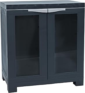Sunnydaze 25.5" H Resin Garage Storage Cabinet - Garage Cabinet with 2 Acrylic Glass Doors - Freestanding Utility Storage for Laundry Room, Office, Basement - Charcoal