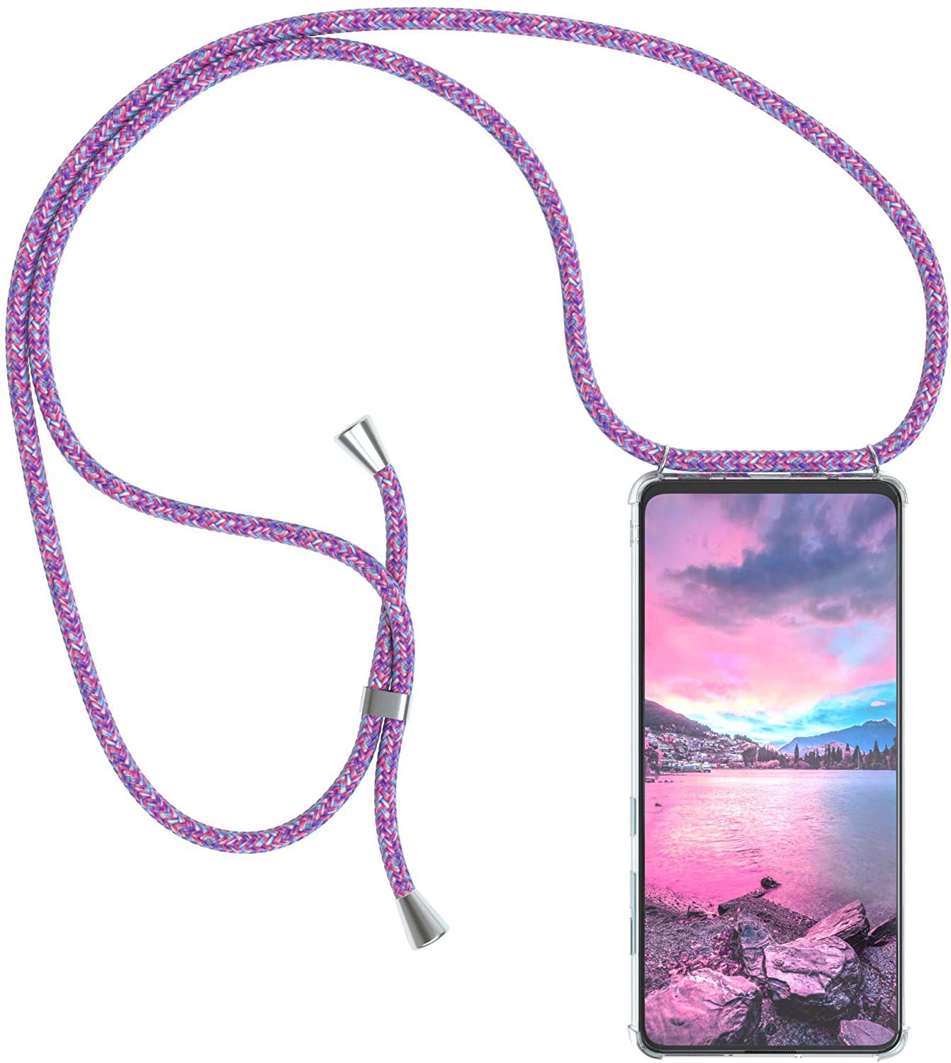 Cover per Huawei P Smart S/Huawei Y8p Custodia con Cordino, Custodia in Silicone Trasparente con Cinturino in Regolabile Cordino, Corner Cushion Necklace Case, Rosa Albicocca Nero