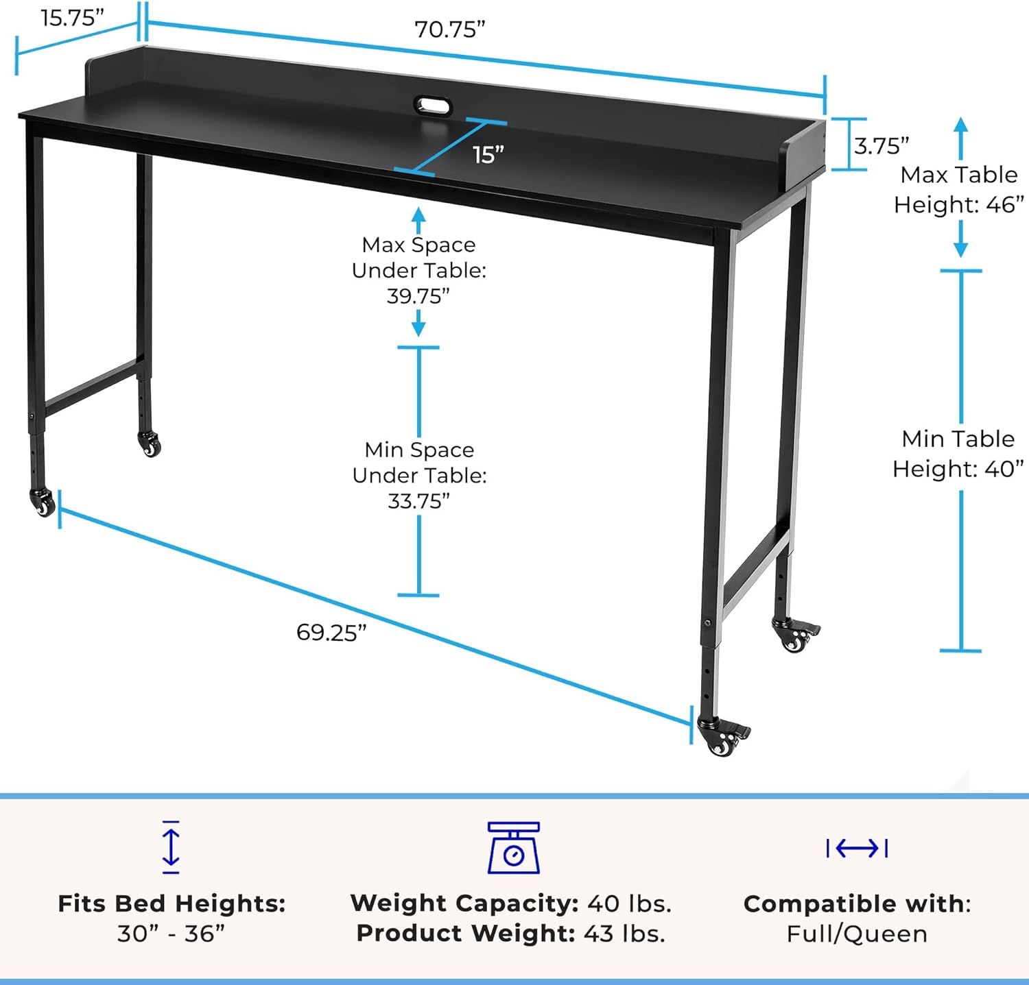 Buy Joy Overbed Table with Wheels for Full/Queen Beds Height