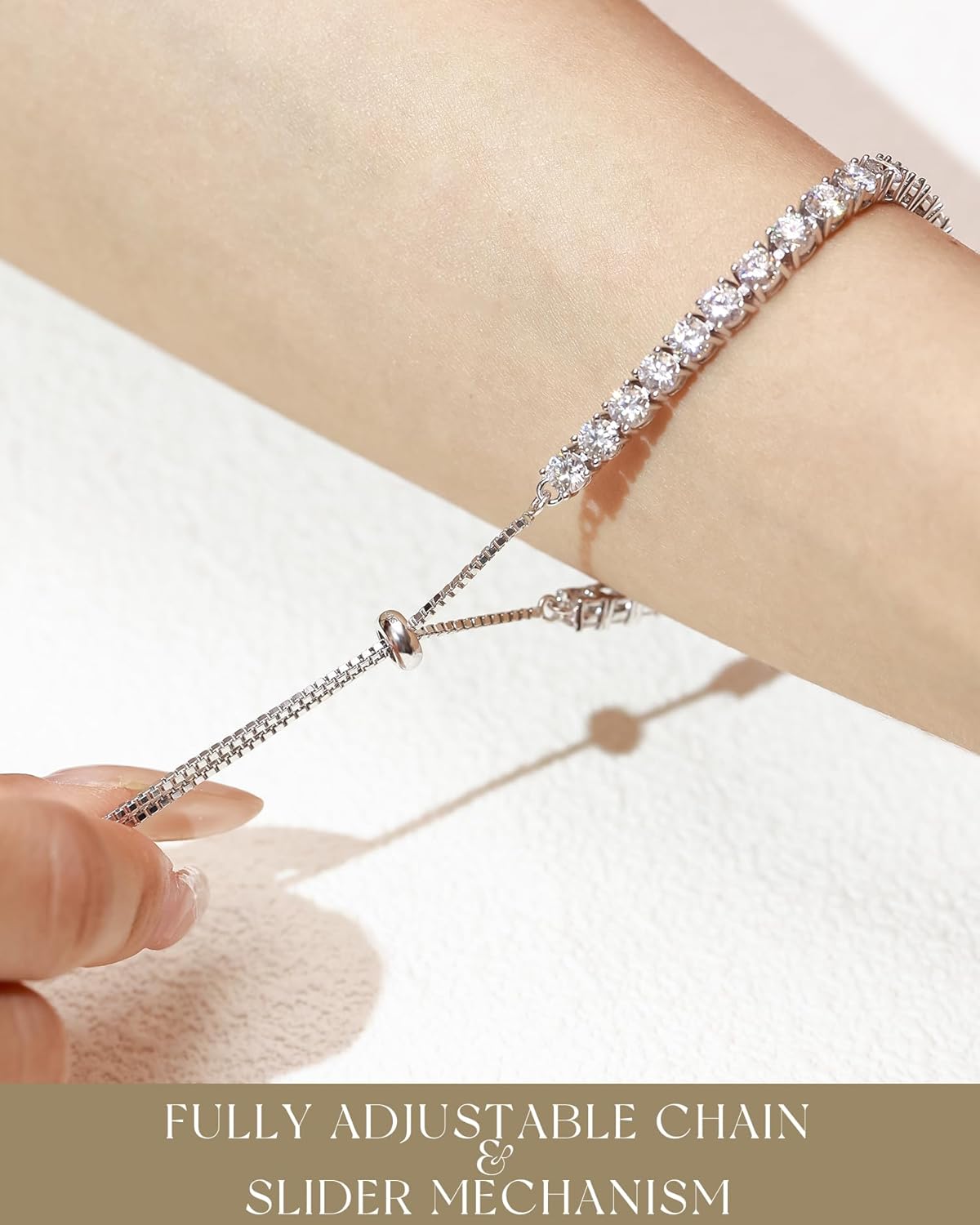 FANCIME Moissanite Tennis Bracelet 1.2ct-12ct Lab Created Moissanite Diamond Bracelets,925 Sterling Silver Adjustable Bolo Tennis Bracelets, 2/3/4/5mm D Color VVS1 Round Cut Moissanite Bracelet for Women