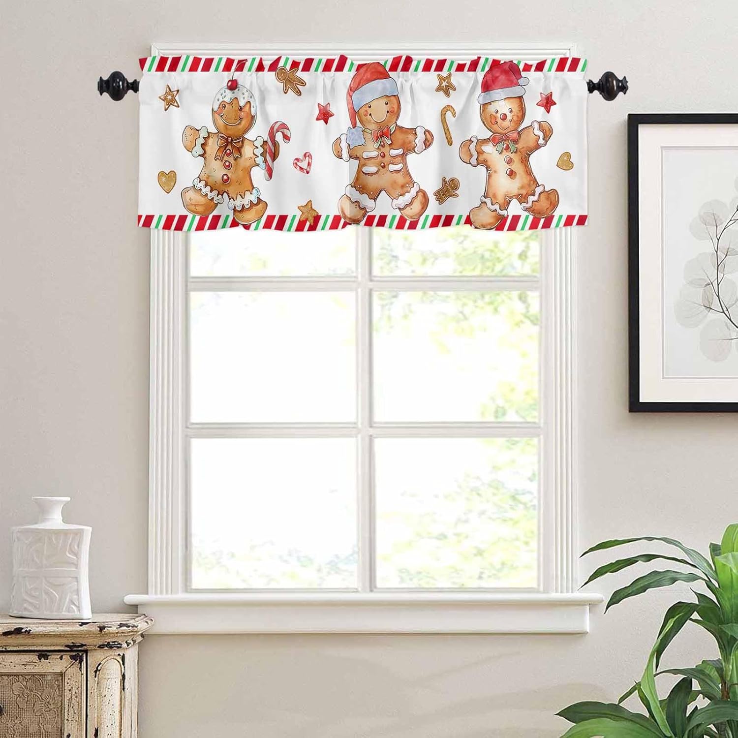Christmas 3 Pieces Kitchen Curtains Valances Set Gingerbread Man Candy Biscuit Short Curtain Rod Pocket Window Curtain Window Treatment Tiers Valances (Single Panel 54"x18",2 Tiers 27.5"x36")
