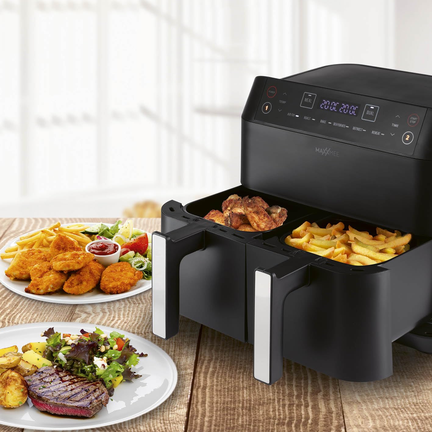 MAXXMEE Frytkownica na gorące powietrze, podwójny kosz, 7,6 litra, cyfrowa podwójna frytkownica na gorące powietrze z dwiema komorami, 2 x 3,8 l, jednoczesne gotowanie 2 różnych posiłków | 6 programów