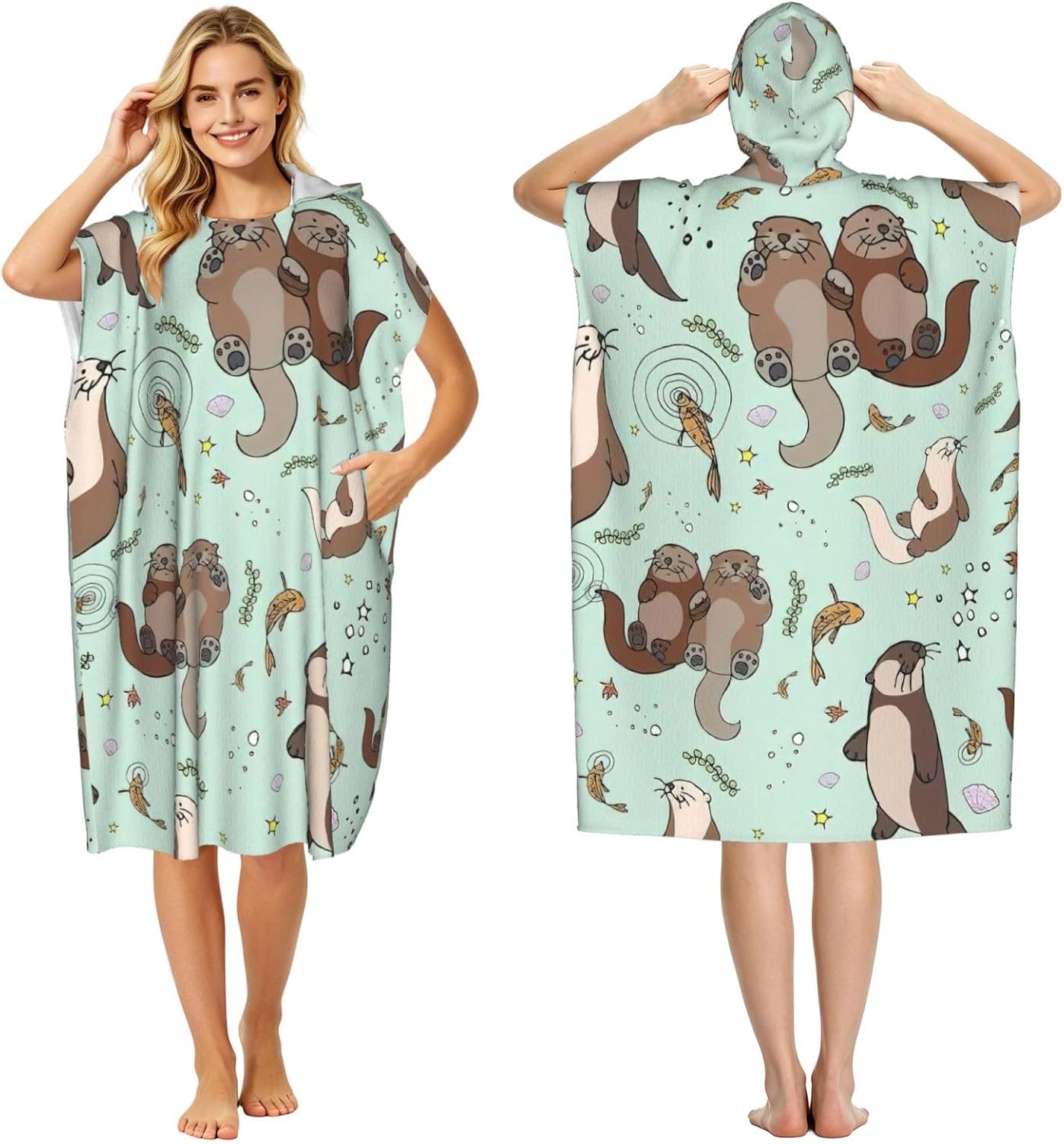 Cartoon Cute Otter Print Surf Poncho Changing Towel Swim Robe Hoodie Quick Dry Terry Cloth Swimming Cover Up