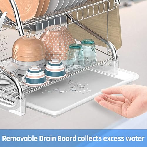 Miniatura 4 de Escurridor de platos, escurridor de platos de 2 niveles con soporte para utensilios, soporte para tabla de cortar y escurridor de platos para
