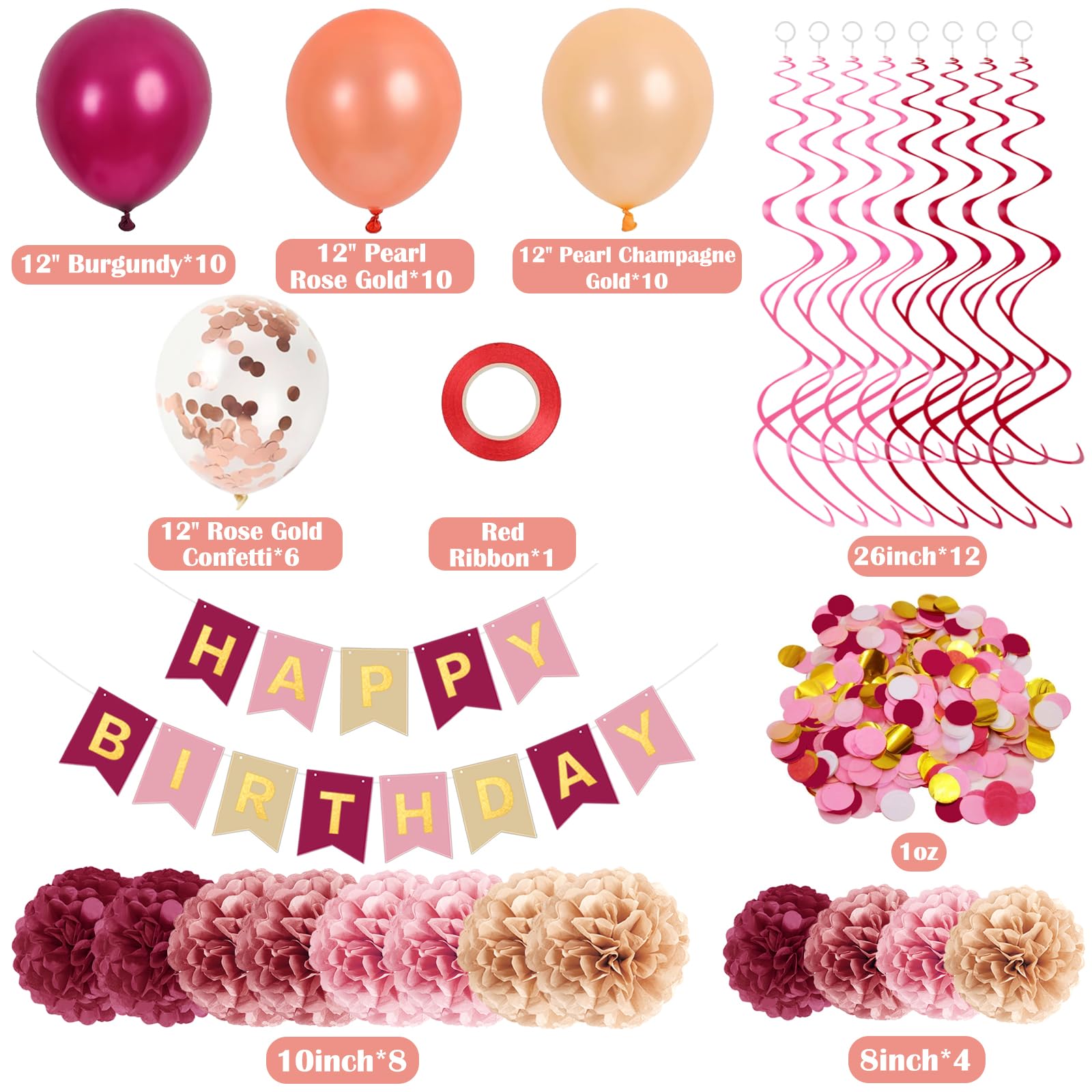 Pink Burgundy Birthday Decorations Kit with Balloons, Tissue Paper Pom Poms, Happy Birthday Banner, Paper Confetti & Hanging Swirl Birthday Party Decoration