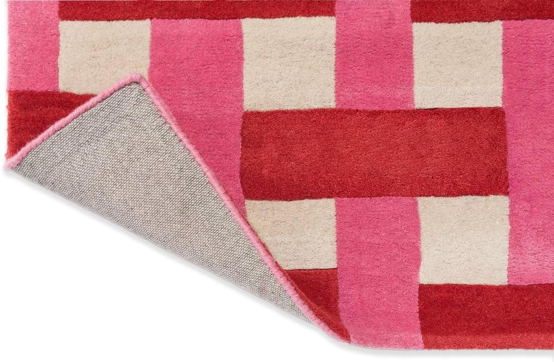 Basketweave Hand-Tufted Wool Area Rug - 9x12 Ft, Red & Pink Checkered Geometric Design, Soft Handmade Plush Carpet with Cotton Backing for Living Room, Bedroom, Hallway & Nursery