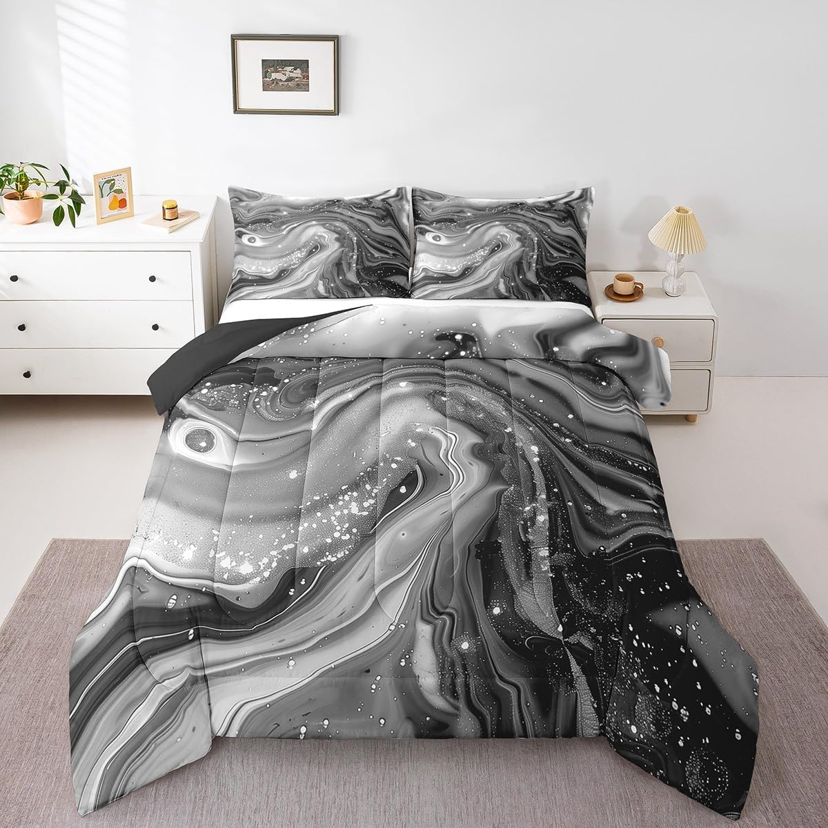 Erosebridal Gray Watercolor Bedding Full Black Marbling Comforter Set, Mountain Fluid Bedding Comforter Sets Grey Foil Print Glitter Duvet Insert, Modern Abstract Art Down Comforter Microfiber