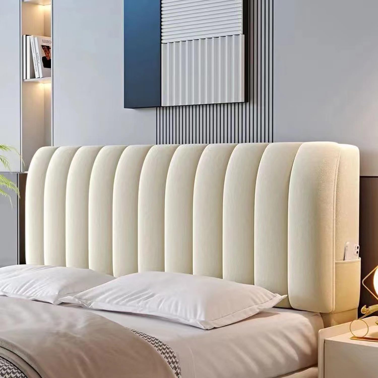Copritestata Letto Copertura/Copri Testiere Letto Matrimoniale Imbottito Bianco,Velluto Elasticizzato Morbido Tessuto Universale,per Testiera Letto Decorazione(Beige,200cm)