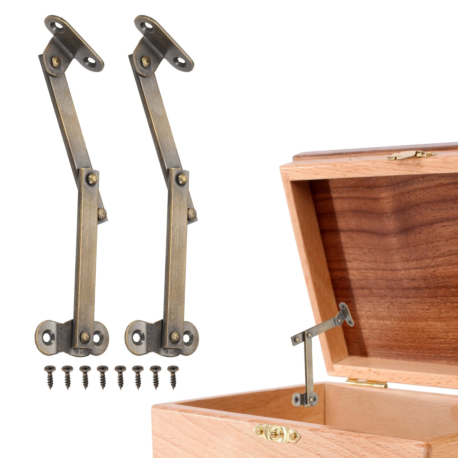 sourcing map 2Pcs Folding Lid Support Hinges, 3" Left Side Lift Up Stay Hinge Brass Rotatable Hinges for Cabinet Wardrobe Wooden Jewelry Box Cupboard Storage Shelve, Bronze Tone