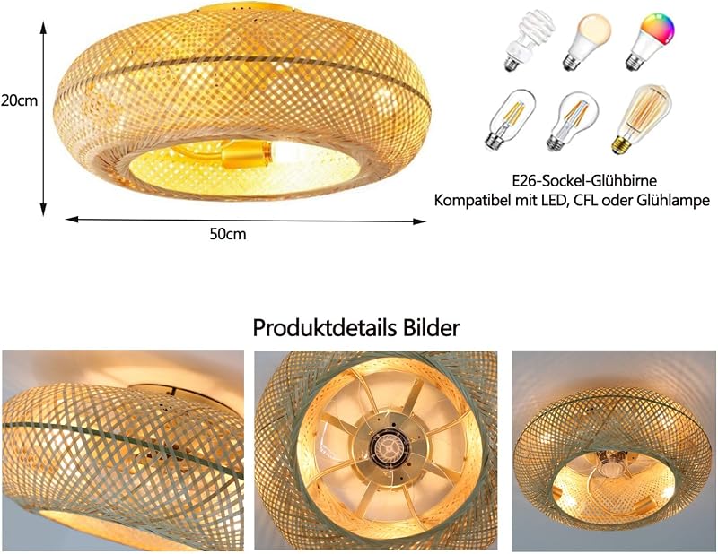 MiiR Bambusz Mennyezeti Ventilátor Lámpával, Távirányítóval, 6 Fokozat, Csendes