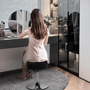 KLASIKA Vanity Stool Chair with Big Storage, Height Adjustable PU Leather Tufted Makeup Stools, 360° Swivel Modern Round Ottoman Cute Girl Make Up Stool for Bedroom Bathroom Living Room, Black 1PK