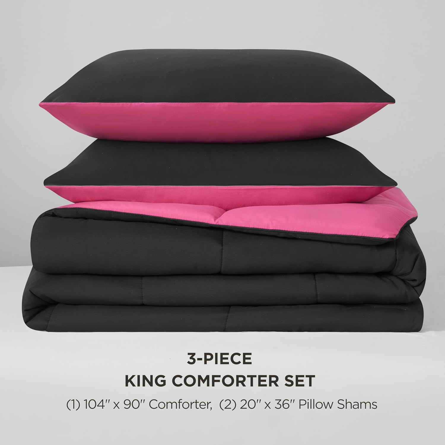 Juicy Couture Reversible Box Stitch Comforter Set, 3-Piece King – Hot Pink/Black – Glam Bedding Set