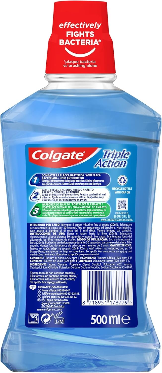 Colgate Triple Action, Enjuague Bucal Antibacteriano, Pack 12x500ml | Colutorio con flúor, Elimina placa bacteriana, Fortalece esmalte, Combate mal aliento, Anticaries, Higiene bucal