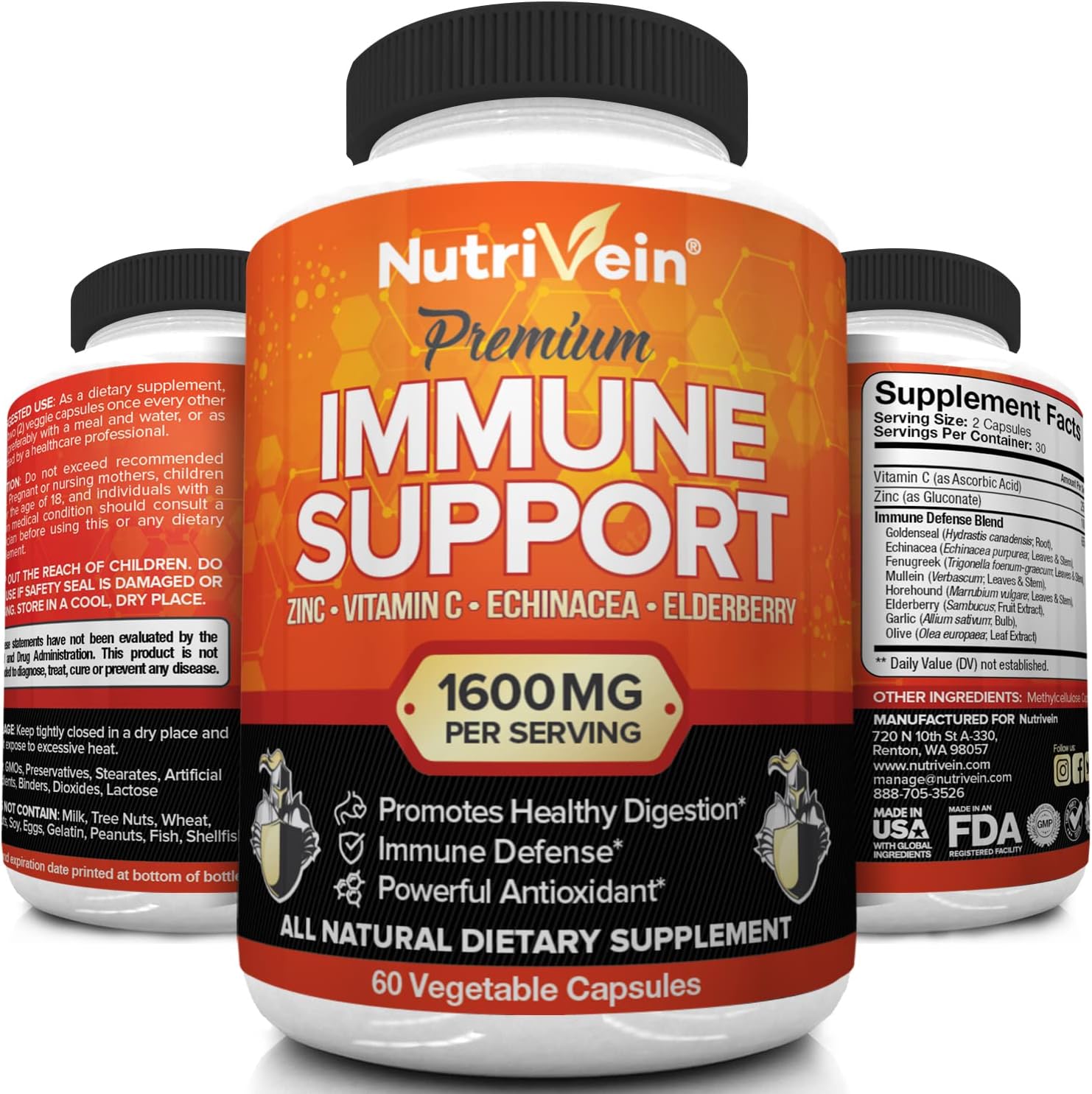 Nutrivein Immune Support - Boost Your Immune System with Elderberry, Zinc, Vitamin C, Garlic & Echinacea Prebiotics - 1600MG Daily Dose - Supports Healthy Lifestyle and Stress Relief - 60 Capsules
