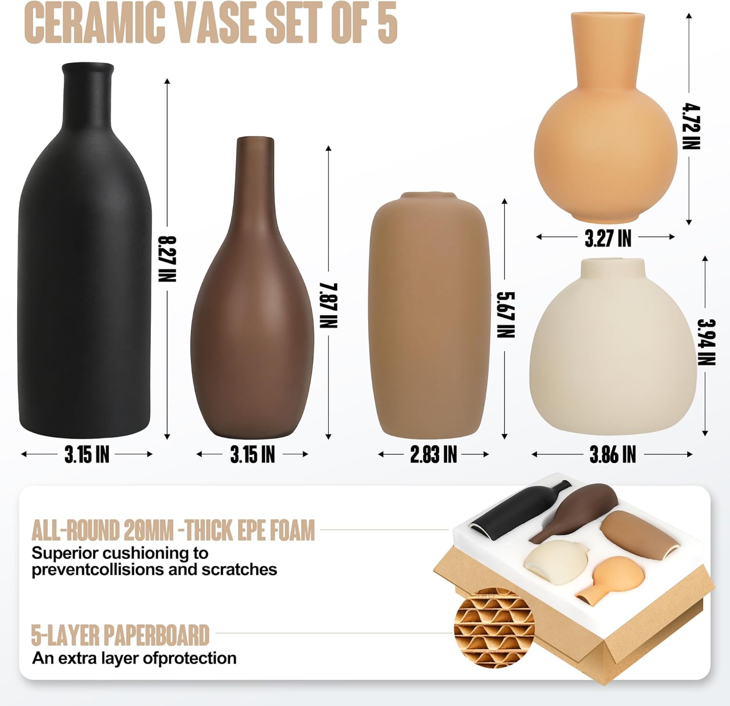 Modern Ceramic Vase Set 5, Small Flower Vases Home Shelf Decor for Centerpiece Farmhouse Fresh Flowers, Table Living Room Kitchen Bedroom Decoration for Holidays, Wedding, Birthday(Black Beige Mix)