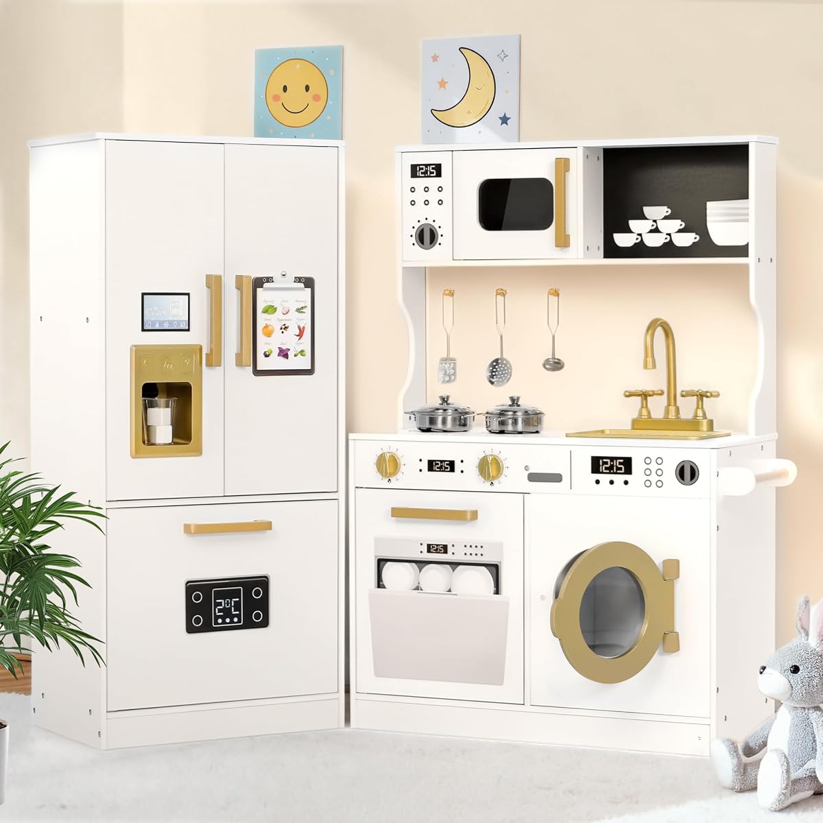 Kinder King Wooden Kids Play Kitchen Set, Cookware Accessories, White | Transparent Coloring Board, Pretend Fridge, Toy Kitchen Playset w/Washing Machine, Realistic Kitchen Sets Gift for Ages 3+