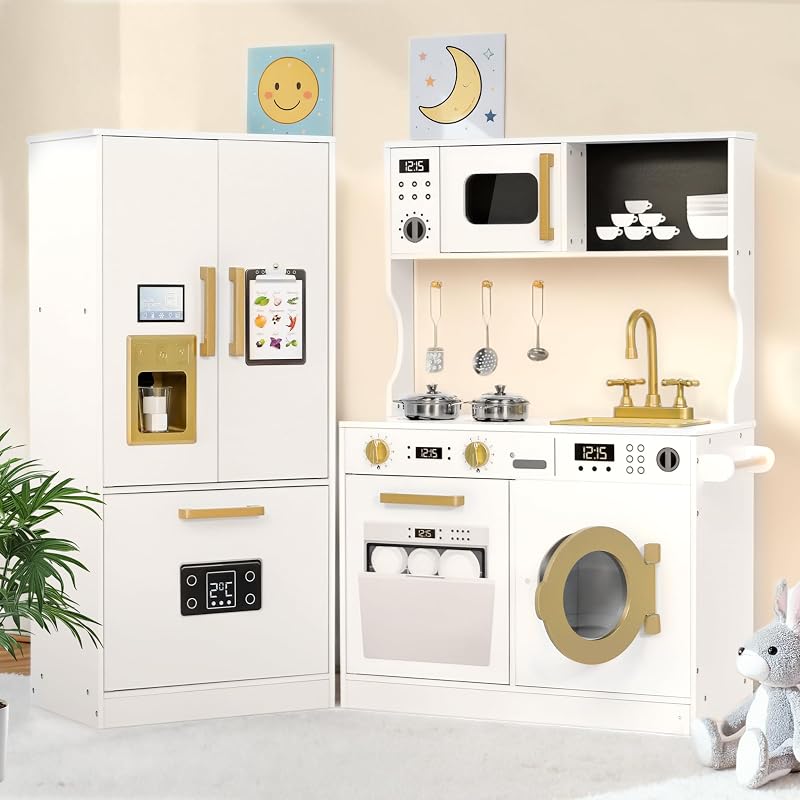 Kinder King Wooden Kids Play Kitchen Set, Cookware Accessories, White | Transparent Coloring Board, Pretend Fridge, Toy Kitchen Playset w/Washing Machine, Realistic Kitchen Sets Gift for Ages 3+