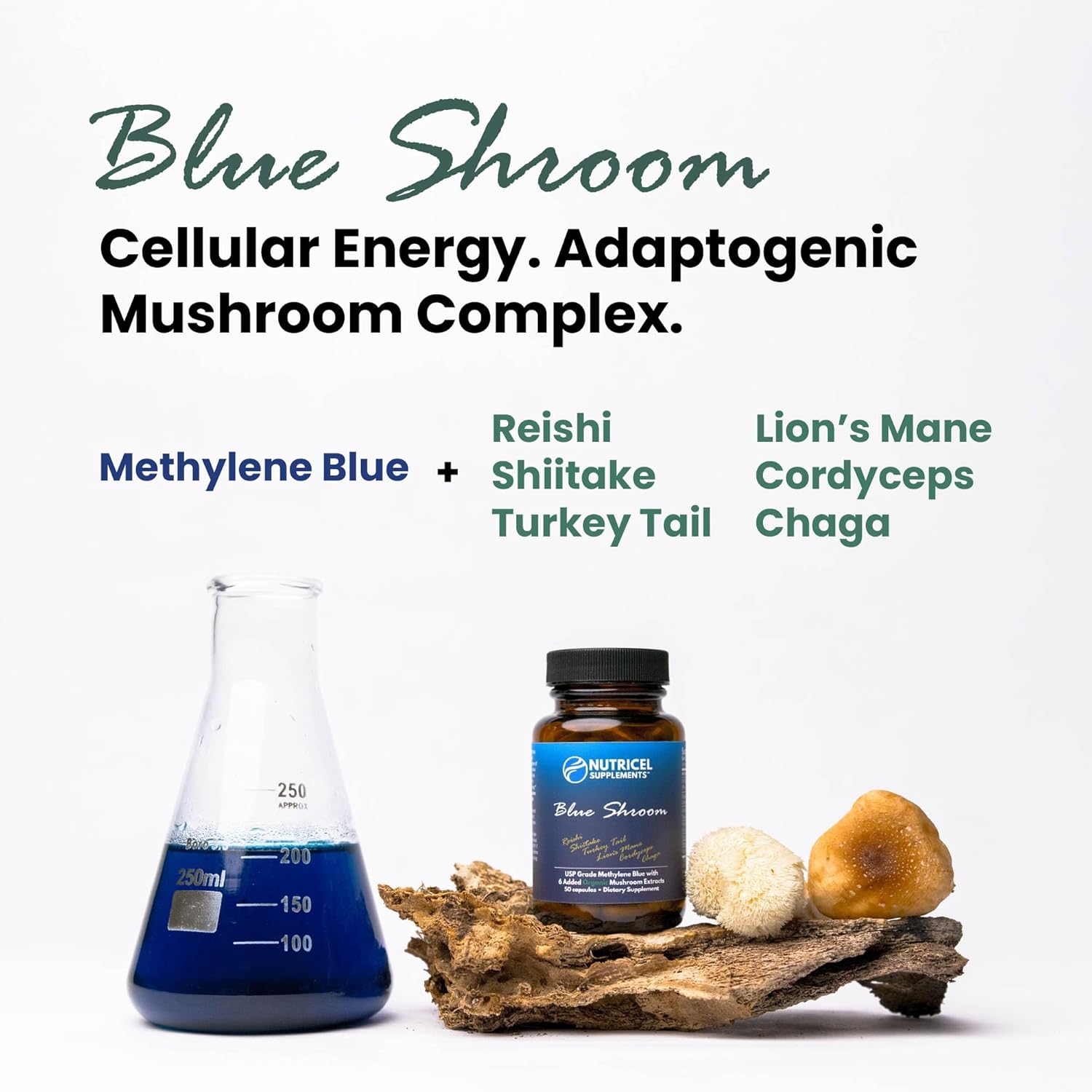 Nutricel Supplements Methylene Blue Capsules with Mushroom Extracts: Lion's Mane, Reishi, Cordyceps, Chaga, Shiitake, Turkey Tail - Trusted Made in America - 7mg (USP Grade) (60ct)