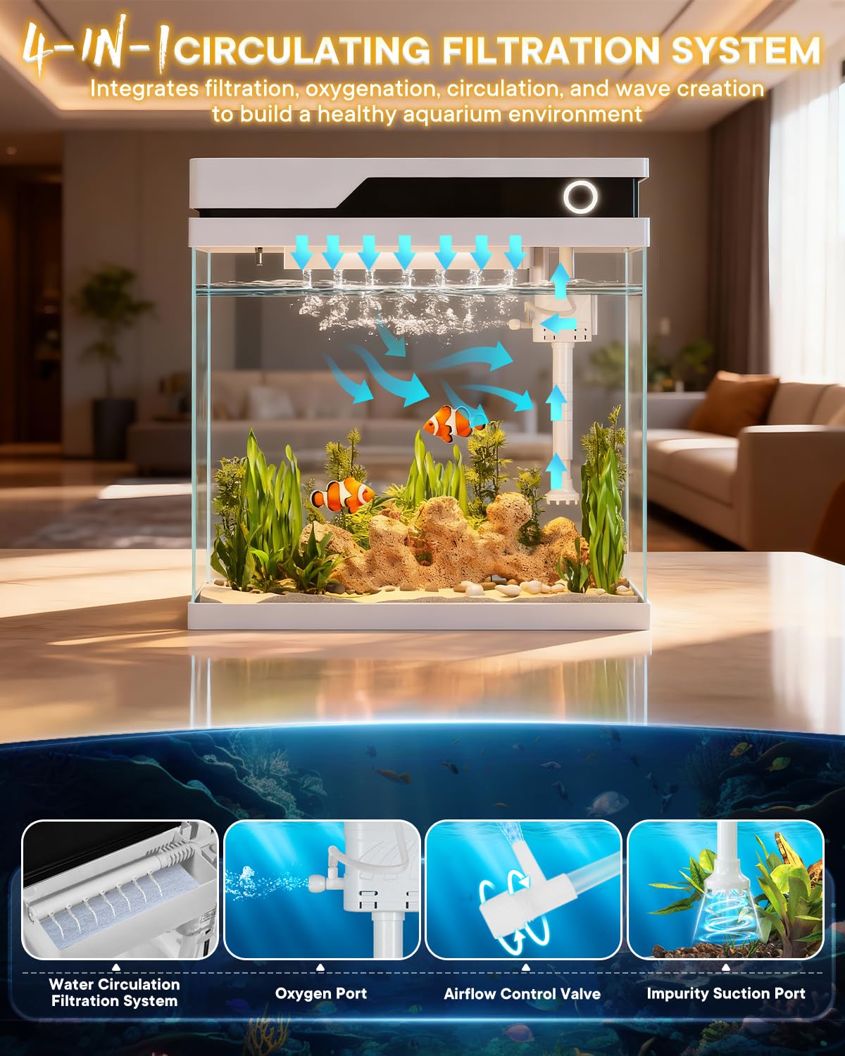 Vehipa 16L Acuario de Cristal, Pecera pequeña Completas de con Comedero Automático, Humidificador, Bomba Silenciosa 4 en 1, Indicador de Temperatura e luz 8 Colores Ajustables - 3