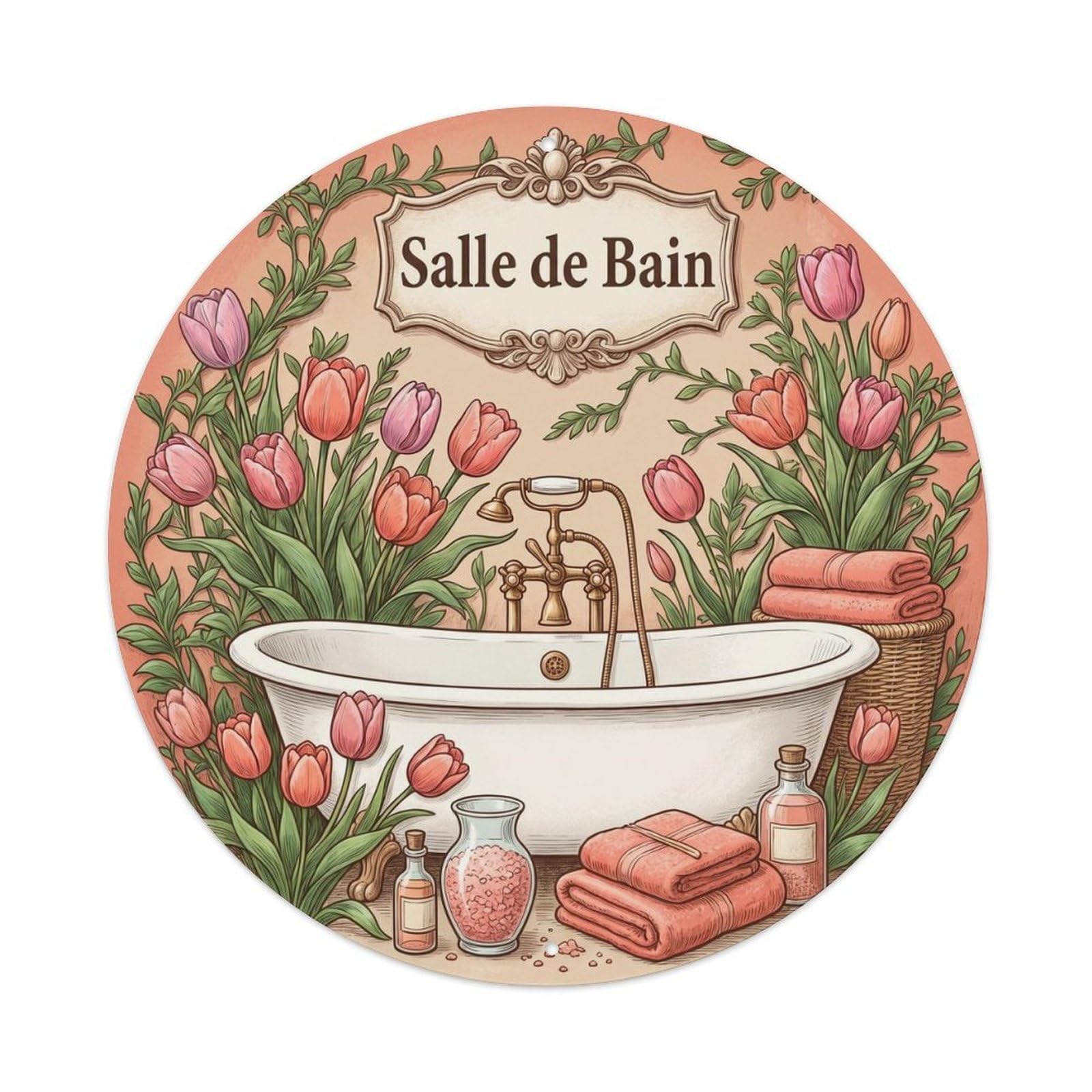 Yrnq Vintage Style Bathroom Tulip Floral Round Decor Vintage Metal Tin Sign Plaque Wall Decor For Cafe, Club, Garden Round Metal Poster 8X8inch