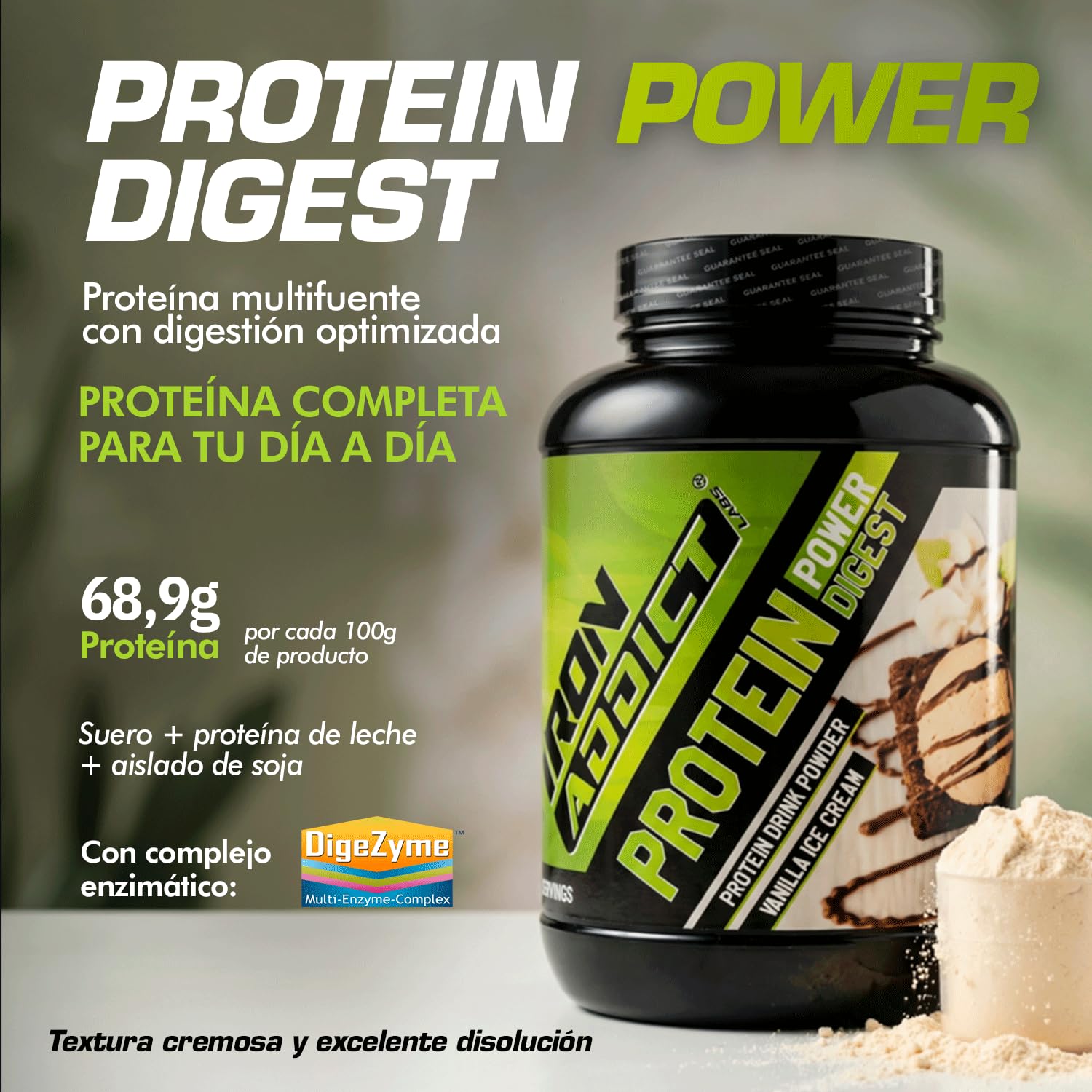 Protein Power 2Kg Iron Addict Labs - Proteína en polvo con suero de Leche y Soja - Aminograma Completo y Equilibrado con Alto Valor Nutricional - Complejo Multienzimático - Sabor Smoothie de Fresa