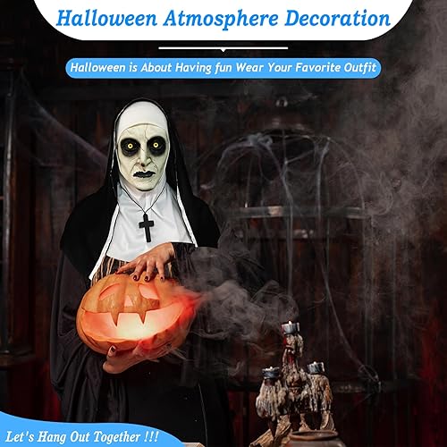 Miniatura 3 de Máscara de terror de monja 2024, máscara de disfraz de cabeza completa con collar de cruz para fiesta de Halloween