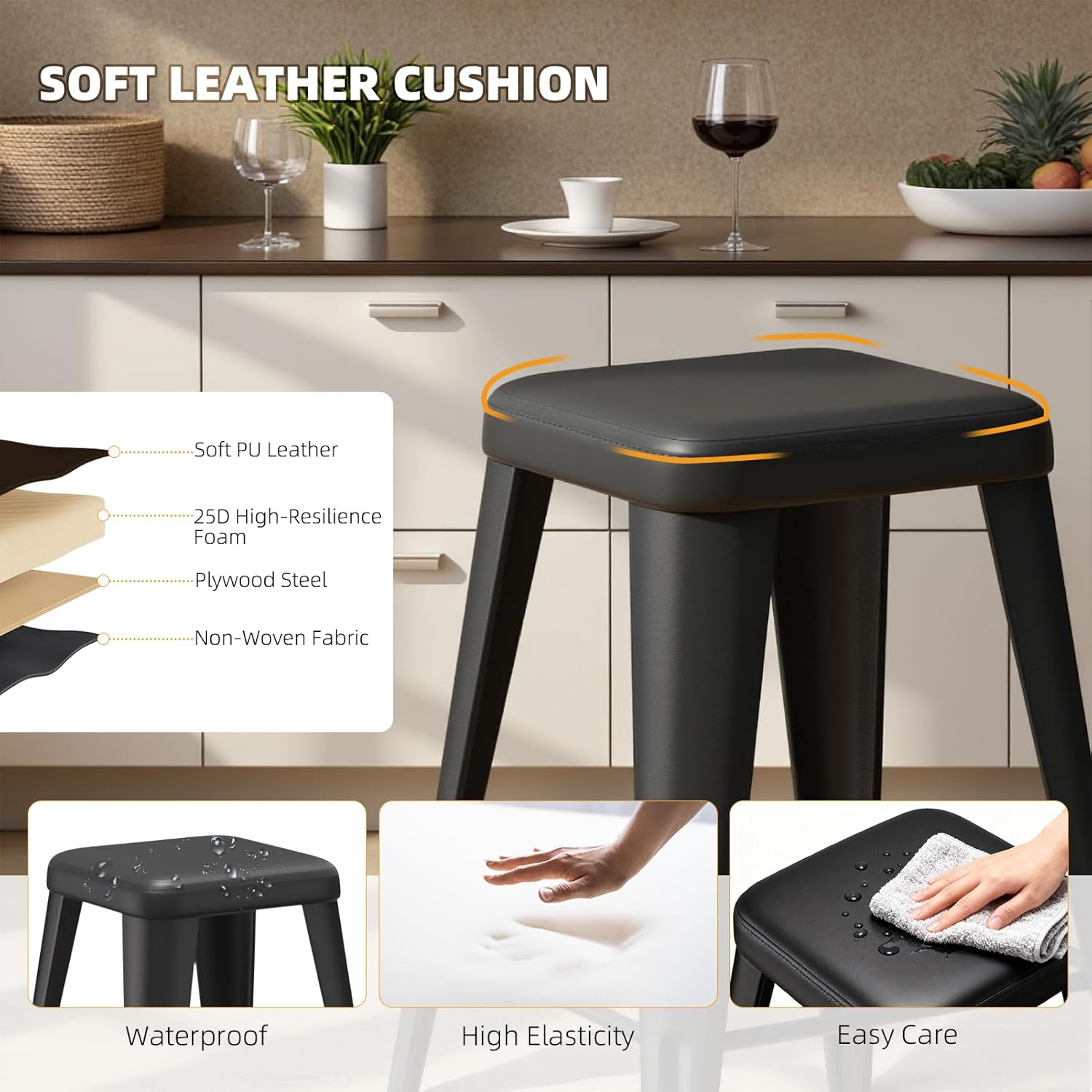 Bar Stools Set of 4, 26" Counter Height Bar Stools Backless, Upholstered Bar Stools with Metal Legs for Kitchen Island, Study Room, Cafe, Black