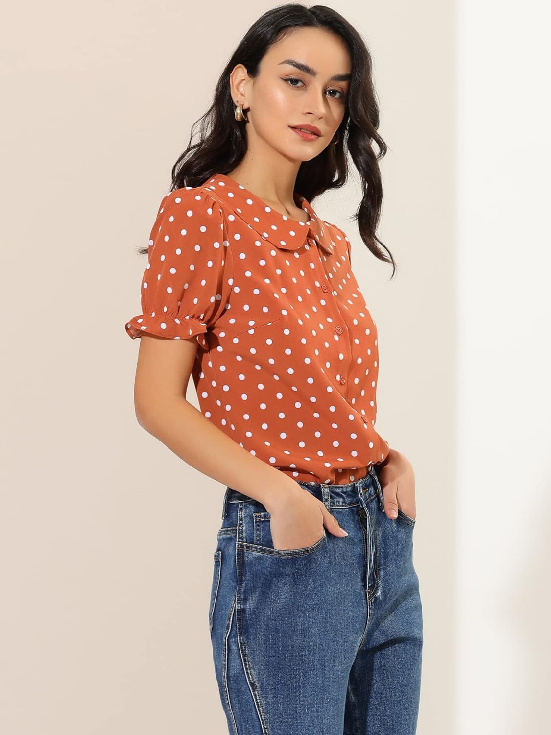 Allegra K Women's Polka Dots Shirt Short Puff Sleeve Vintage Button Up Peter Pan Collar Blouse Tops - Image 2