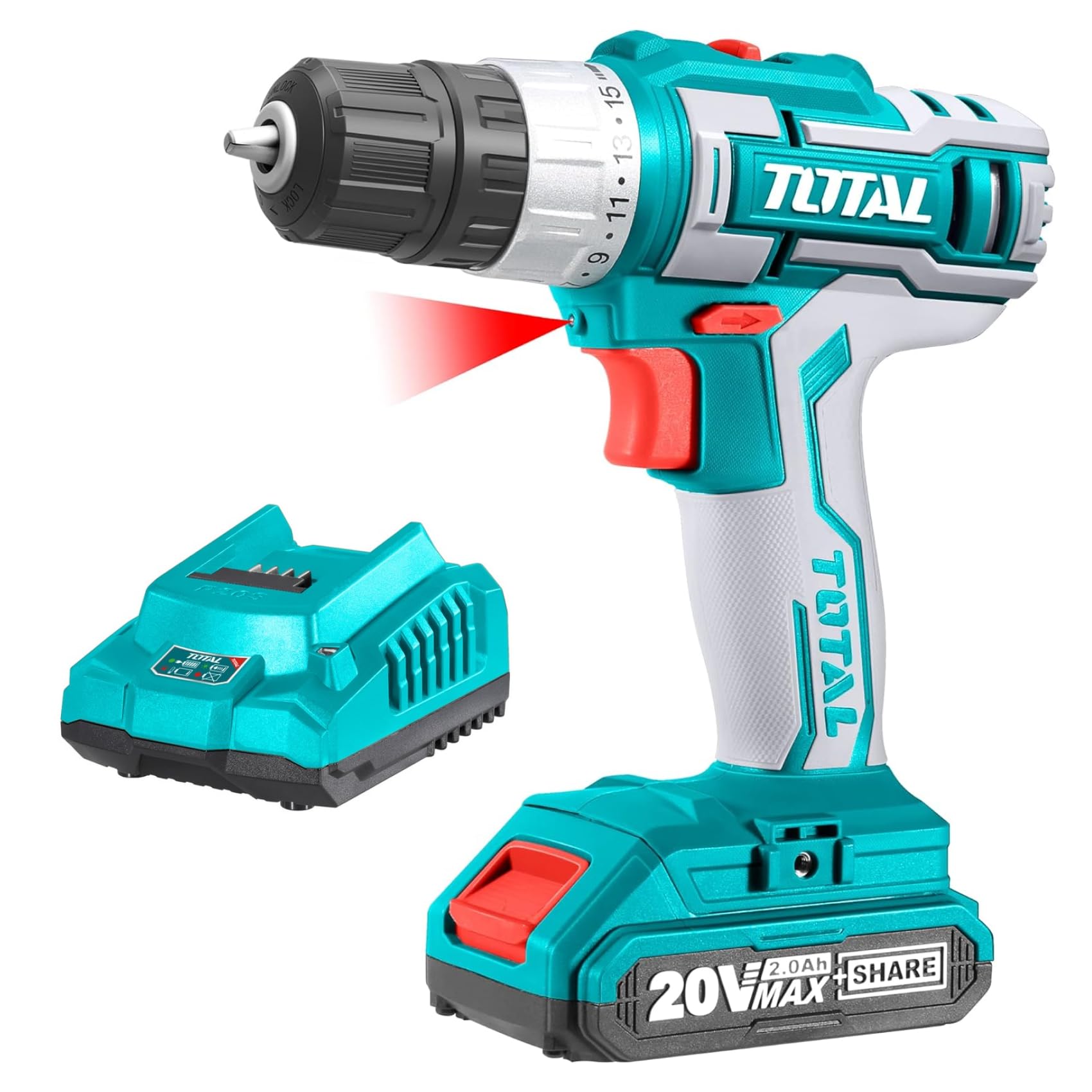 TOTAL - Trapano Avvitatore Batteria 20V, Trapano A Batteria 2Ah Con Caricabatterie, 45Nm Di Coppia 15+1 Impostazioni, 2 Velocità, 10mm Mandrino Autoserrante, Trapano Avvitatore Per Fai Da Te