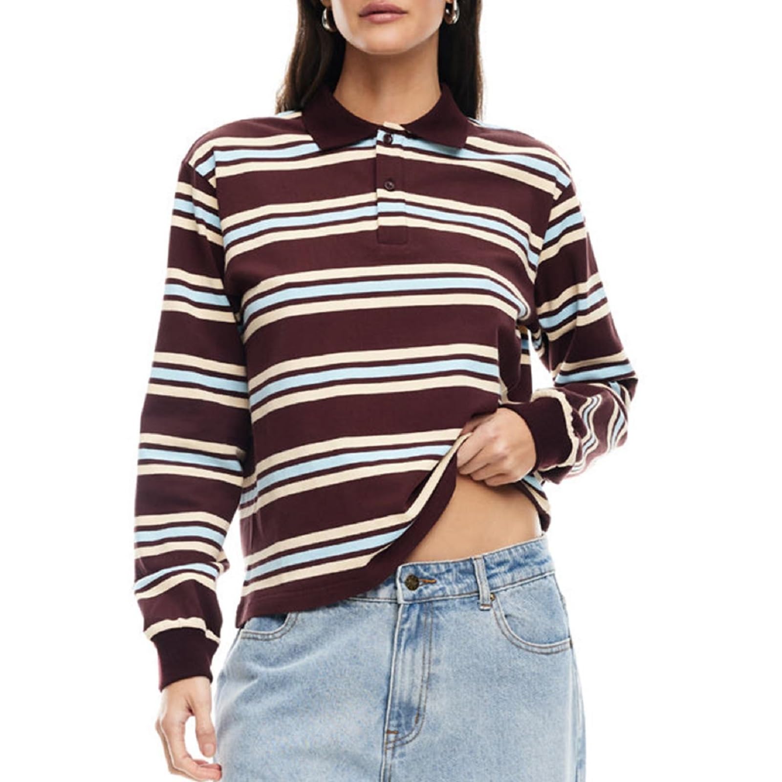 Women Y2k Striped Rugby Shirt Vintage Long Sleeve Collared Shirt Preppy Polo Sweatshirt Jersey Girls Streetwear-image-34