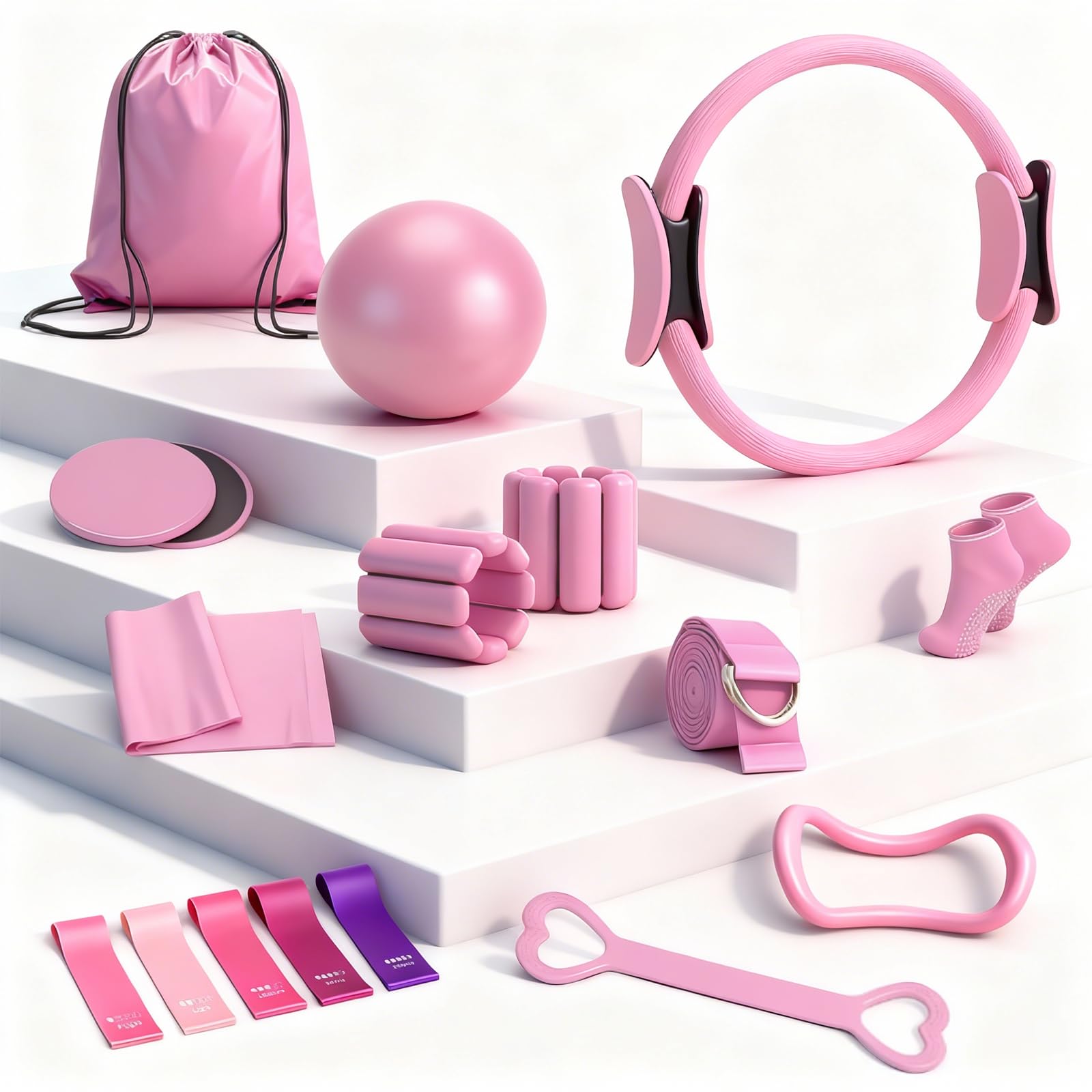 Kit Pilates, 14 piezas Rosa Kit Pilates en Casa Completo para Casa con Aro, Pelota, Calcetines Antideslizantes, Pesas para Muñecas Ajustables y Bandas de Resistencia – Equipo de Fuerza y Yoga