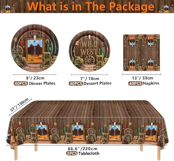 Western Party Decorations - 122Pcs Birthday Plates, Napkins, Western Tablecloth for Western Birthday Party Decorations Western Party Supplies, Serve 40