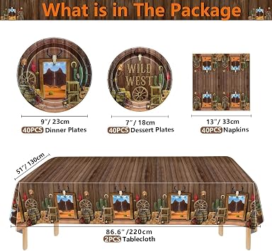Western Party Decorations - 122Pcs Birthday Plates, Napkins, Western Tablecloth for Western Birthday Party Decorations Western Party Supplies, Serve 40