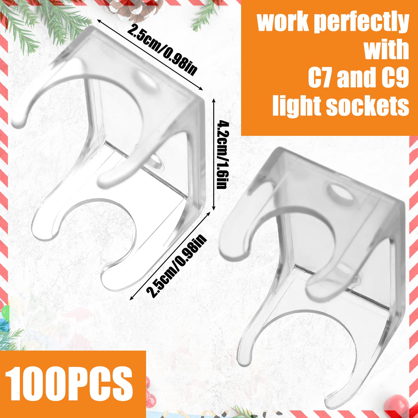 VIHOSE Christmas Light Clips Clear Lighting Outlet Combo C Clips Waterproof Outside Gutter Clip Hooks Seasonal String Light Hooks for C9 or C7 Socket on Home Stair Christmas Decoration(100 Pcs)
