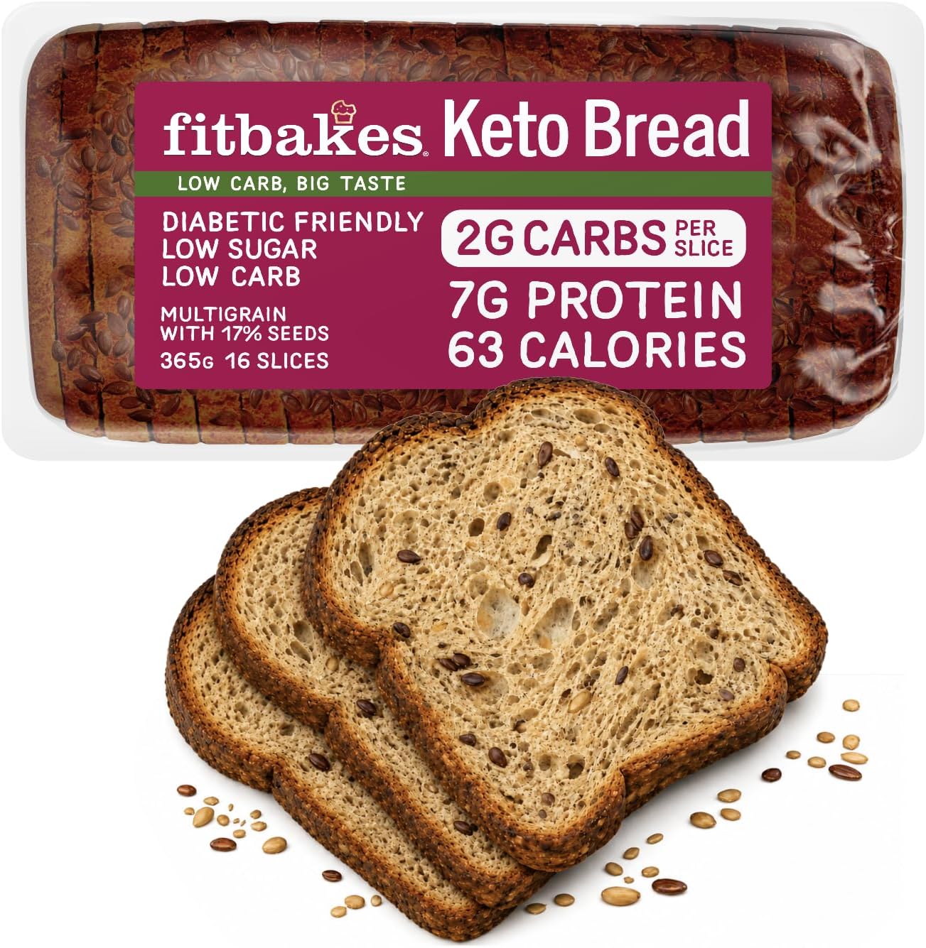 – Fit bakes Keto Bread 2g Carbs 7g Protein, Diabetic, Multi Seeded, 16 Slices | Low Carb Bread, Low Sugar, 63 Calorie, Protein Bread Loaf, Diabetic Food, Keto Snack, Low Calorie Diet, Multigrain, Fitbakes