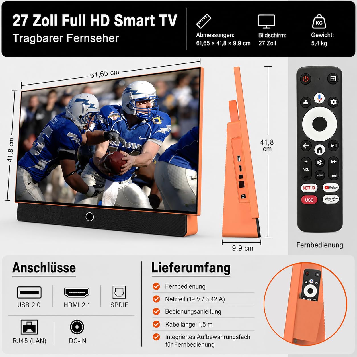 OFD Portable Smart TV 27 Zoll,Outdoor Fernseher 1080P Android14 OS (orange)