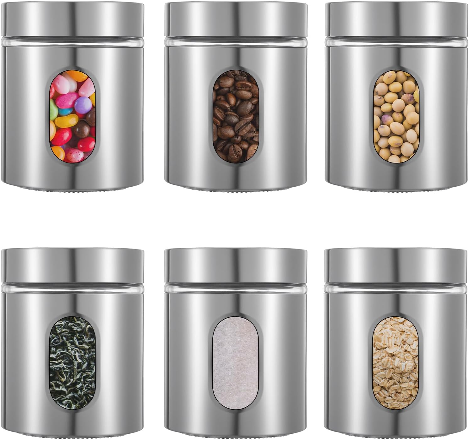 6 Pack 20oz Kitchen Canisters Set Stainless Steel Airtight Coffee Containers with Lids Tea Sugar Candy Storage Organizer Jars with See Glass Window for Flour Cookies Spices Grains Kitchen Décor