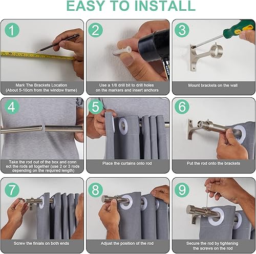 Miniatura 7 de Lwiiom Barras de cortina de níquel cepillado para ventanas de 72 a 144 pulgadas, barras de cortina ajustables con tapa de aluminio y soportes