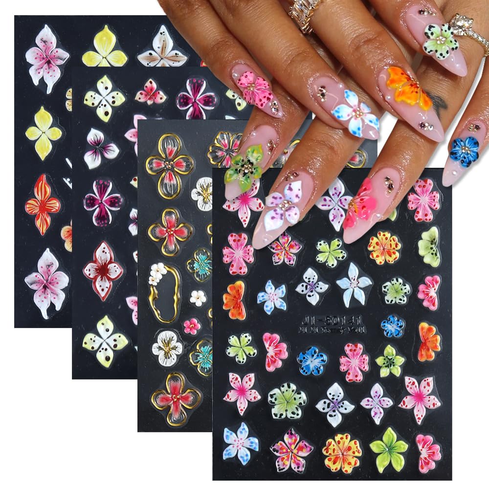 4 Sheets Embossed Flower Nail Art Stickers - Self-Adhesive Nail Decals, Colorful Floral Petals, 5D Acrylic Carved Design for Women & Girls Manicure