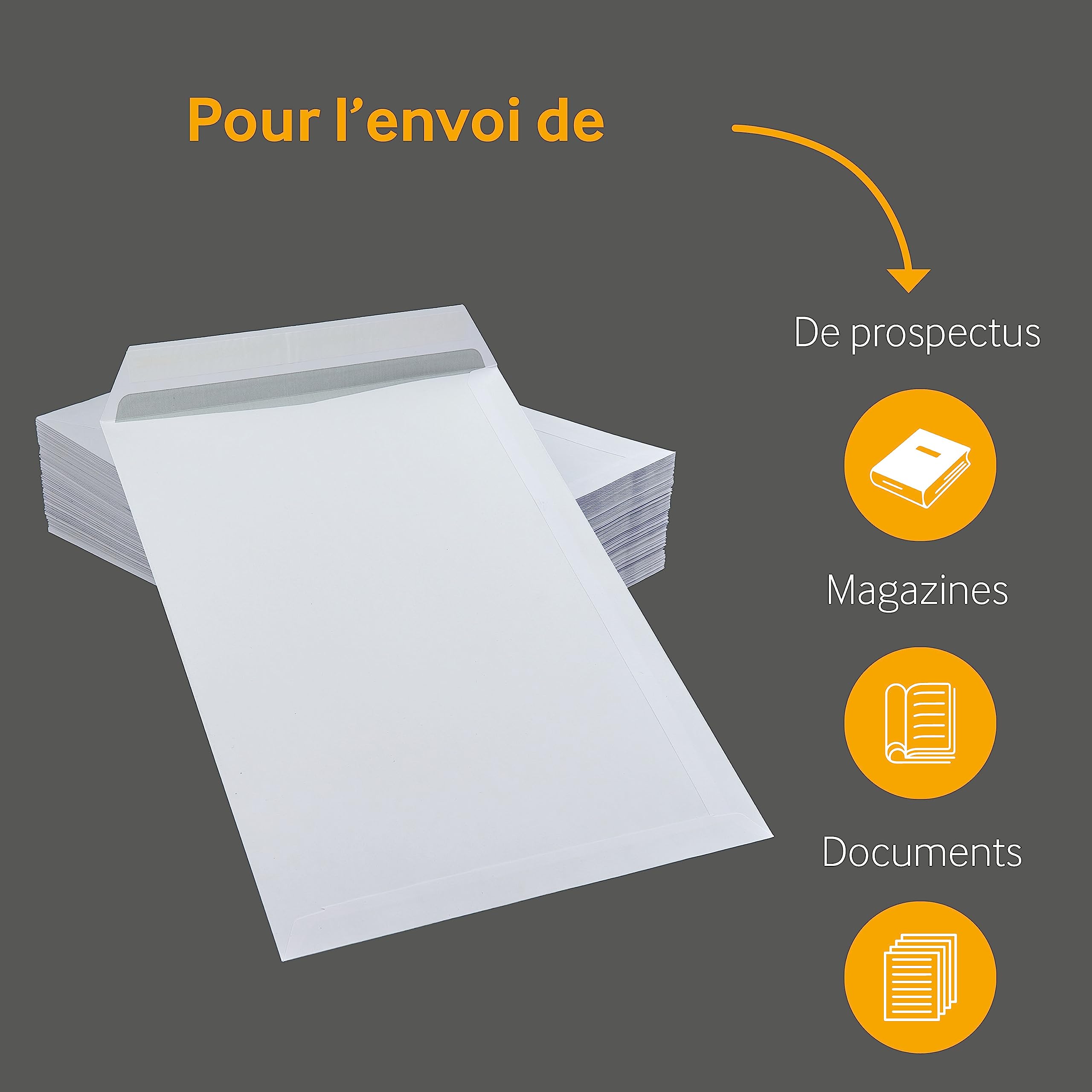 250 pochettes d'expédition blanches C4, 229 x 324 mm, sans fenêtre, fermeture adhésive, rabat droit, 120 g/m² offset, Enveloppe 24