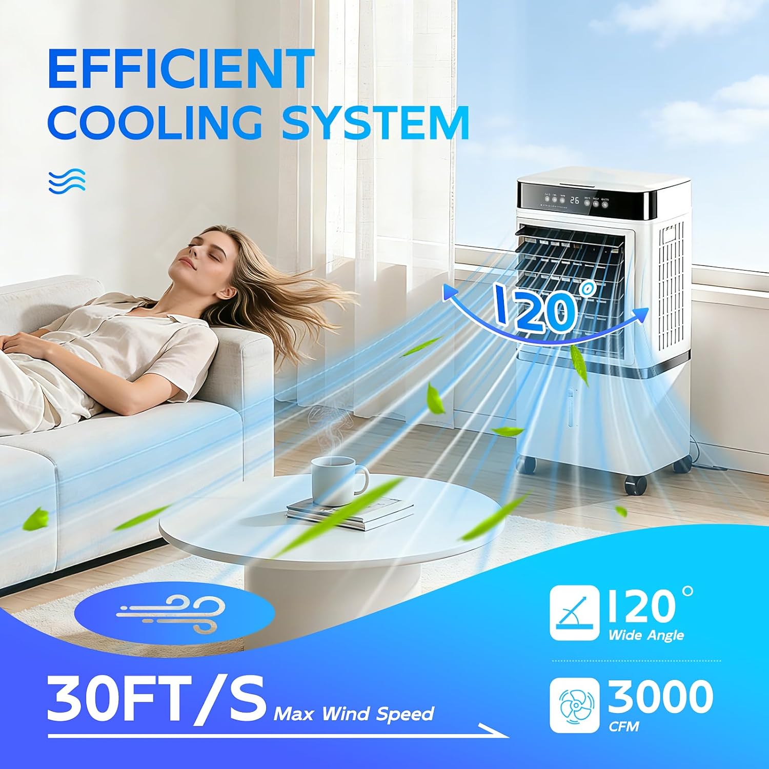 Portable Air Conditioner, Evaporative Air Cooler with Remote 3 Modes 3 Speeds 4 Gal Water Tank 4 ice packs 120°Oscillation 12H Timer 8,500 BTU for Rooms Up To 250 Sq. Ft.