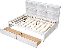 Vista 15 de Cama de plataforma individual con estantería lateral, plataforma moderna con cajones de almacenamiento, marco de cama de madera maciza