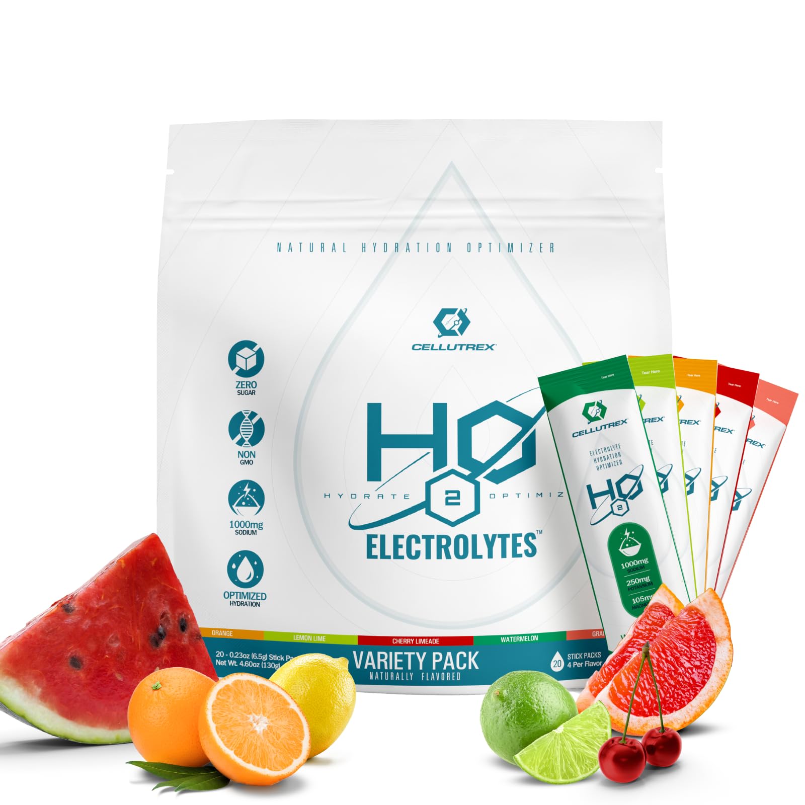 Cellutrex ® H2O Electrolytes - Electrolyte Powder Drink Mix, Zero Sugar, Natural Salt Hydration Packets for Recovery and Wellness, Variety Pack, 20 Sticks