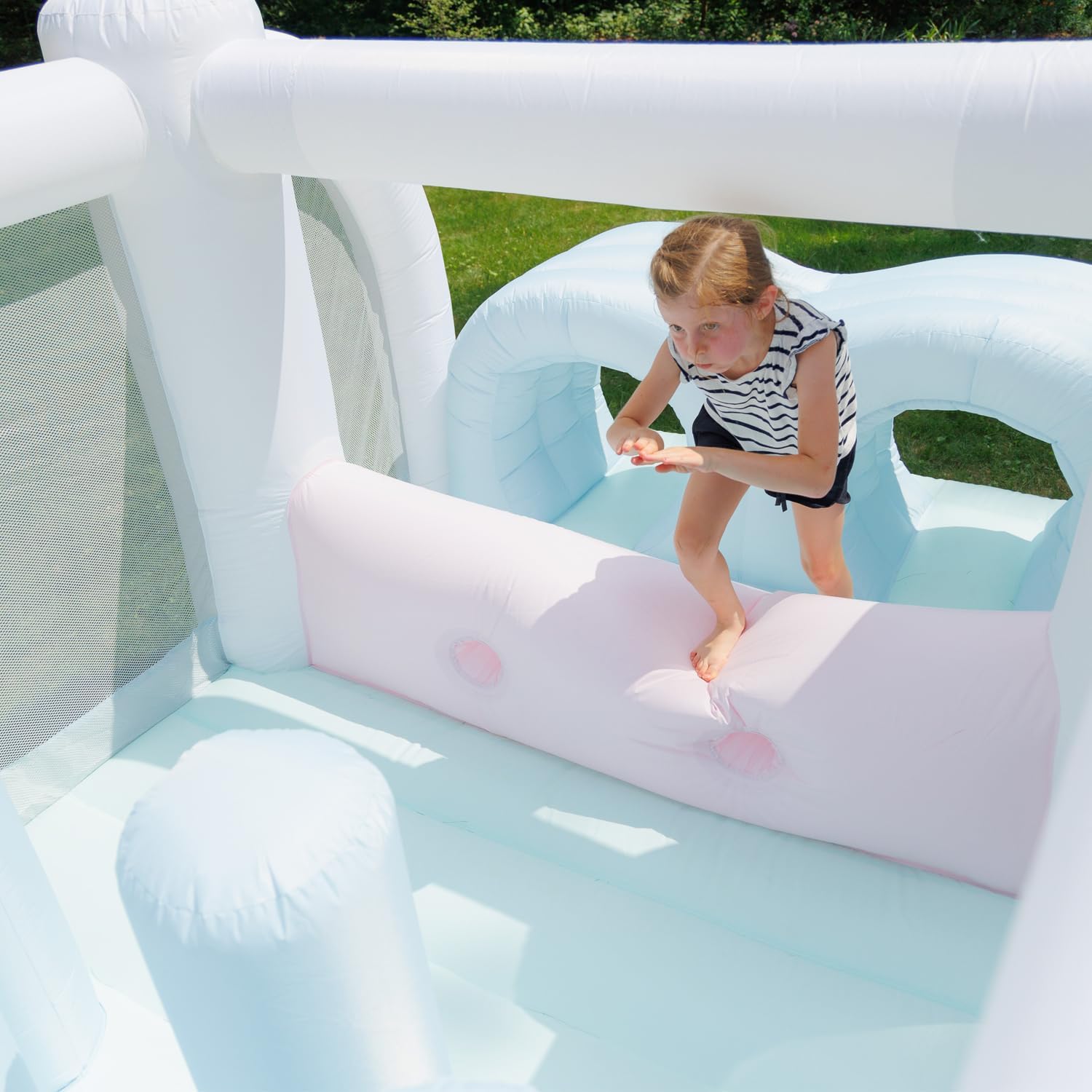 Bounceland Obstacle Dream Bouncer Combo Slides,18.5 ft x 8.5 ft x 6 ft H, Air Blower Included with GFCI, Dual Slides, Obstacle Course, Trendy Neutral Color, Indoor and Outdoor Play for Kids