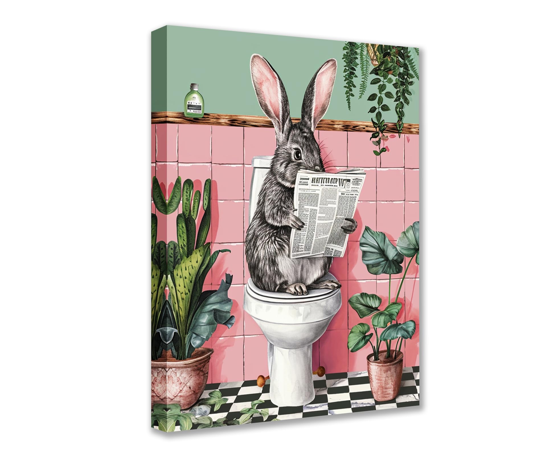 Rabbit Read Newspaper Posters Prints 1P Tropical Plant Animals on Toilet Canvas Wall Art Cute Modern Pictures Artwork for Living Room Bathroom Home Wall Decor Framed Gallery-Wrapped Ready to Hang