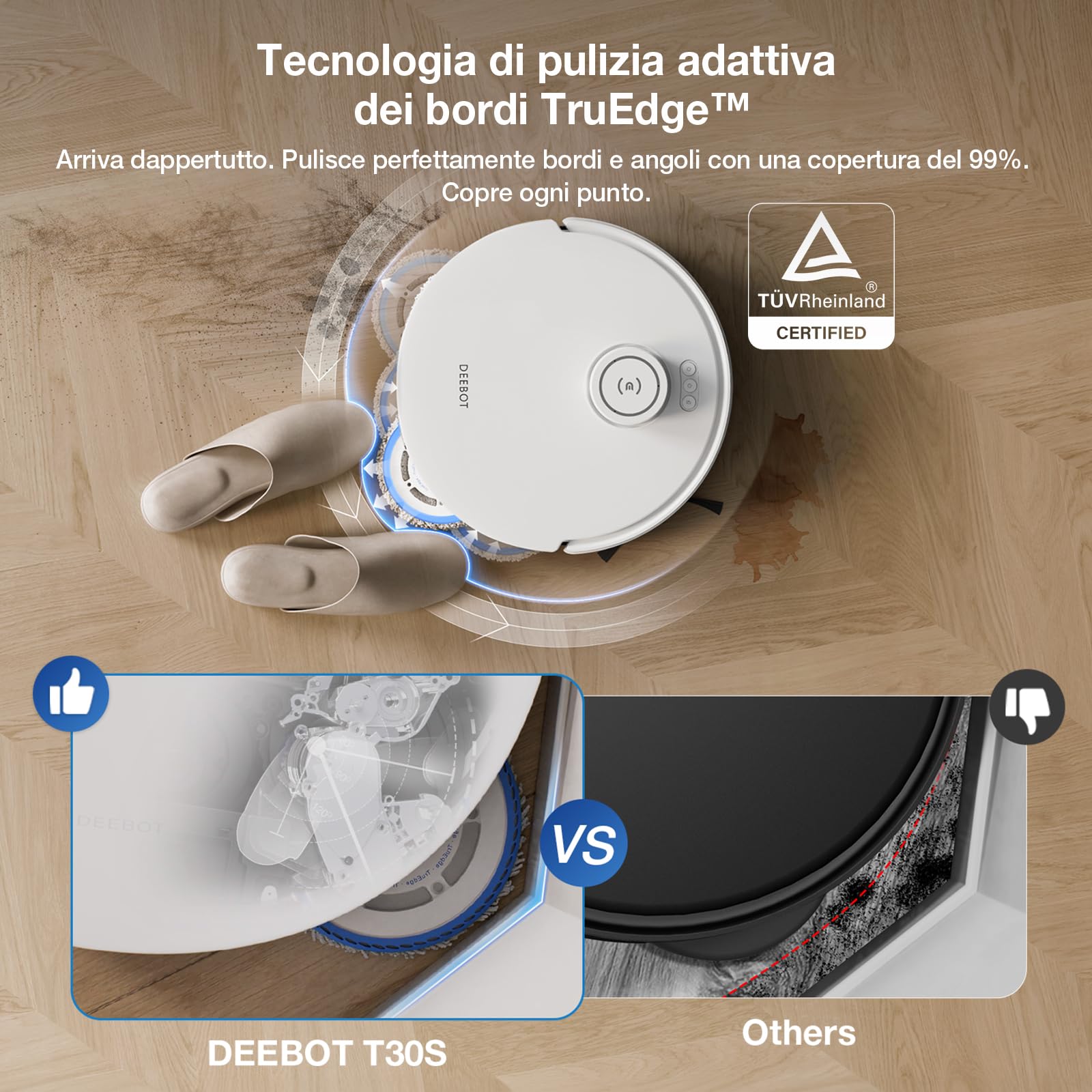 ECOVACS DEEBOT T30S Robot Lavapavimenti e Aspirapolvere, 11000Pa, Anti-grovigli, TruEdge™ Taglio Adattivo Bordi, Lavaggio Mocio ad Acqua Calda a 70°C, Sollevamento Mop 9mm, Evitamento Degli Ostacoli