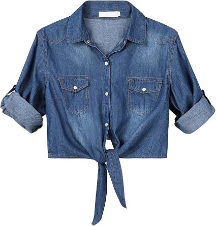 Womens 3/4 Sleeve Front Tie Shirt Denim Shirt Crop Cardigan Jean Crop Top Chambray Knot Shirt