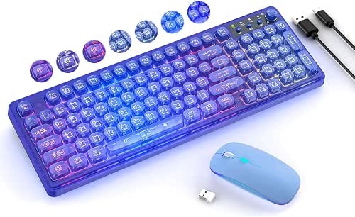 Blue Light Up Keyboard and Mouse Wireless,Cute 2.4Ghz Cordless Rechargeable