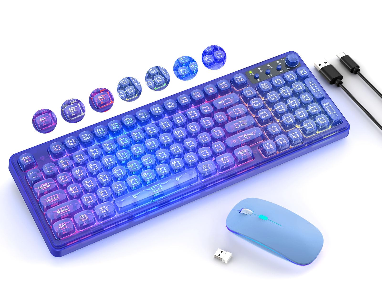 Photo 1 of Blue Keyboard and Mouse Wireless,Cute 2.4Ghz Cordless Rechargeable Transparent Backlit Keyboard,15 Backlight Effects,Volume Knob,RGB Mouse with 3 DPI for Mac Computer PC Laptop Desktop iPad