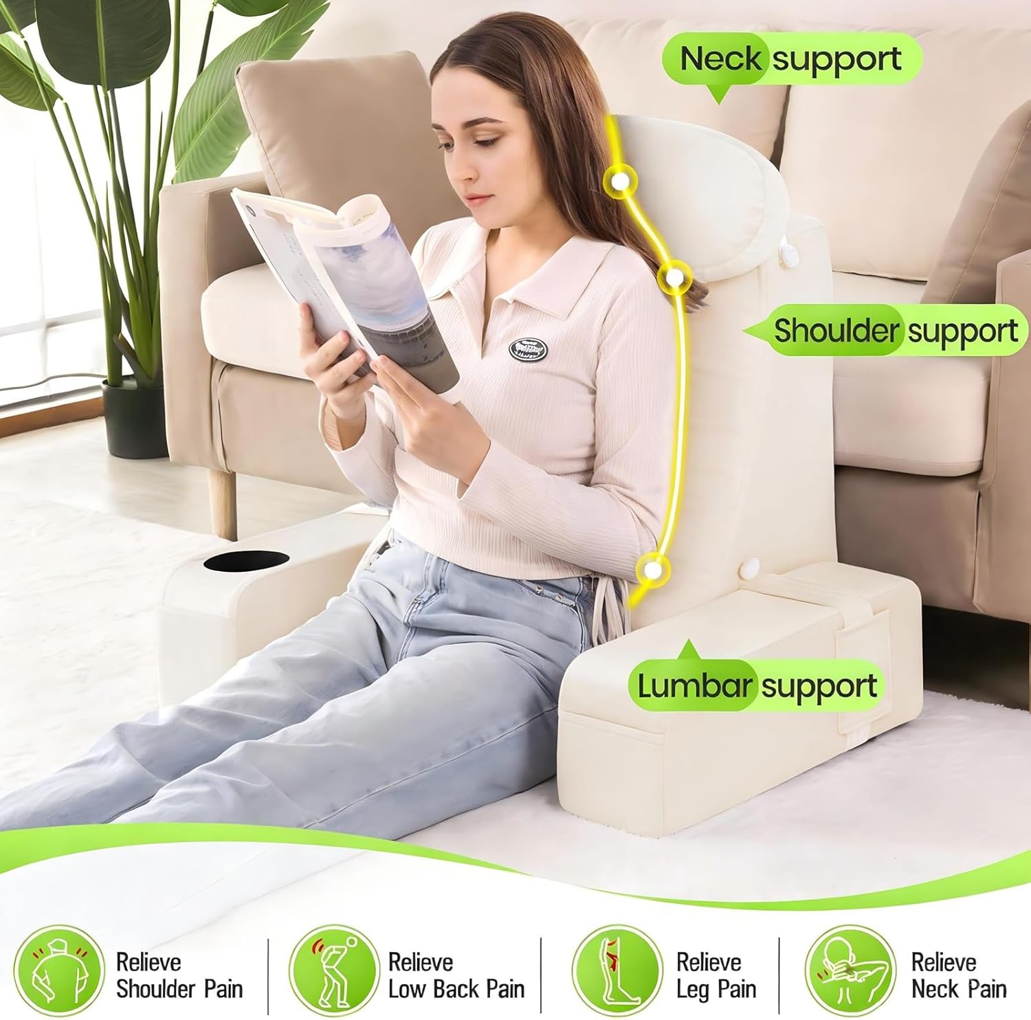 AS AWESLING 19 INCH Reading Pillow for Adults, Back Pillow for Bed Sitting Up, Backrest Pillow for Sitting in Bed, Detachable Arms with Built-in Cup & Phone Caddy (Beige, 19 INCH)